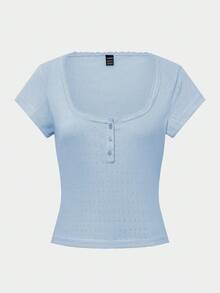 Zielony 甜美蕾丝边短袖 T 恤，修身款式女式上衣，3 粒纽扣，夏季 - 藍色 - 查看 7