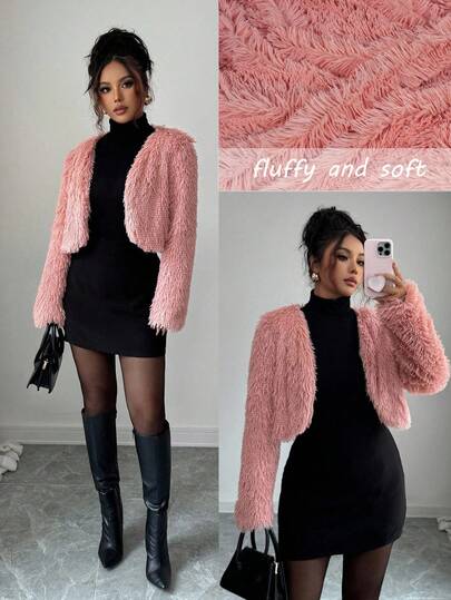 Elenzga 25-30+ Casual Party Elegant Women Long Sleeve Faux Fur Crew Neck Jacket, Winter