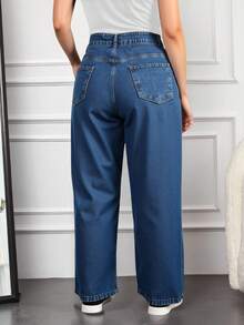 RueChic 100%Cotton Plus Size High Waist Slant Pocket Casual Straight Leg Jeans - Blue - View 2