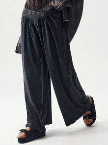 Bohemela Women's Casual Solid Color Knit Loose Wide-Leg Washed Sweatpants