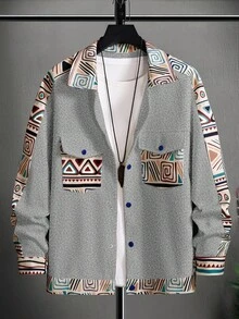 Manfinity Homme Loose Fit Men Geo Print Flap Pocket Jacket, Fall - Light Grey - View 3