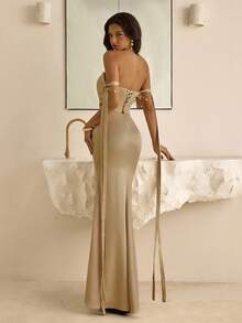 Vowa Falda ajustado elegante y vintage con pliegues de satén, cintura de sirena, cuello con volantes, decoración de cadena de perlas y cinta, adecuada para cóctel, gala, baile, festival, cumpleaños, vestido formal de mujer