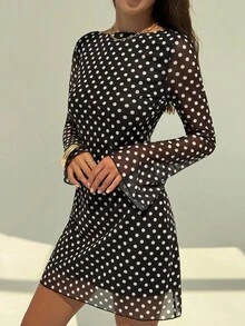 Aloruh Women's Polka Dot Print Round Neck Long Sleeve Backless Tie Design Fashion Dress