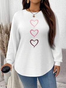 EMERY ROSE Ombre Pink Heart Graphic Casual Minimalist Plus Size Waffle Sweatshirt, Suitable For Fall/Winter - Multicolor - View 6