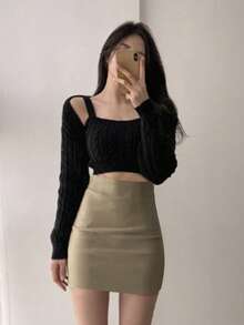 DAZY Váy dài đến đầu gối thanh lịch bó sát màu trơn cho nữ mùa hè, chân váy bút chì - Màu be - Xem 4