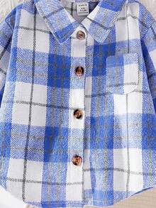SHEIN Baby Girl In Spring And Autumn, Fashionable, Simple, Retro, Versatile Rose Red Plaid Wool Warm Long-Sleeved Lapel Button-Up Shirt Jacket, Daily Wear, Must-Have - Blue - View 4