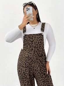 SHEIN Essnce Plus Size Women's Autumn And Winter Fashion Casual Loose Comfortable Daily Corduroy Brown Leopard Overalls,Women Bottom,Fall Outfits,Leopard Jumpsuit