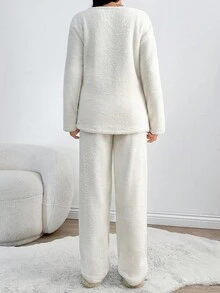 EURMUSE Kaninchen Fleece Pyjama Set - Gemütliches Oberteil mit Kontrastpaneelen & weiche Winterhose, süße Loungewear für Zuhause & Schlaf