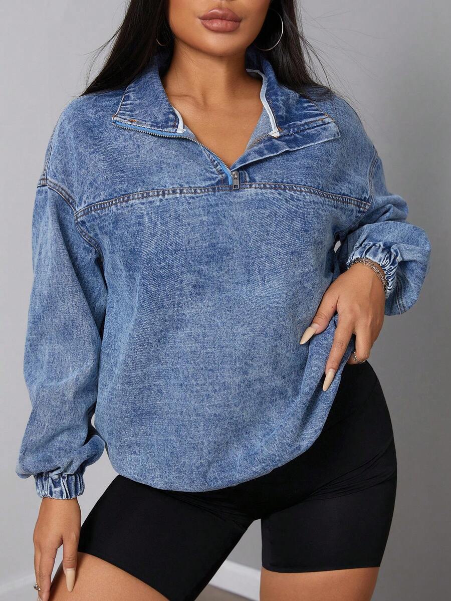 SHEIN SXY Áo khoác denim chui đầu thường ngày cỡ lớn cho nữ - Rửa nhẹ - Xem 1