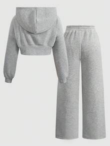 SHEIN Tween Girls' Casual Loose Comfortable Hooded Cropped Sweatshirt And Pants Set Fall Winter - Red - View 2