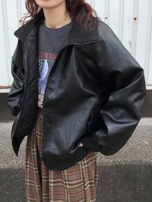 FRIFUL Women's Black Solid Color PU Fabric Stand Collar, Cuff & Hem Drawstring Loose Casual Padded Coat, Suitable For Autumn/Winter Jacket