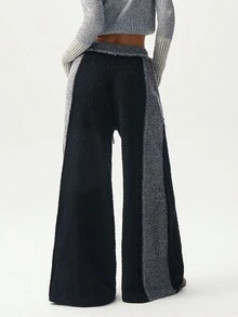 Bohemela Quần dài ống rộng dệt kim dáng rộng màu tương phản có dây rút ở eo dành cho nữ, mùa thu/đông - màu đen - Xem 6