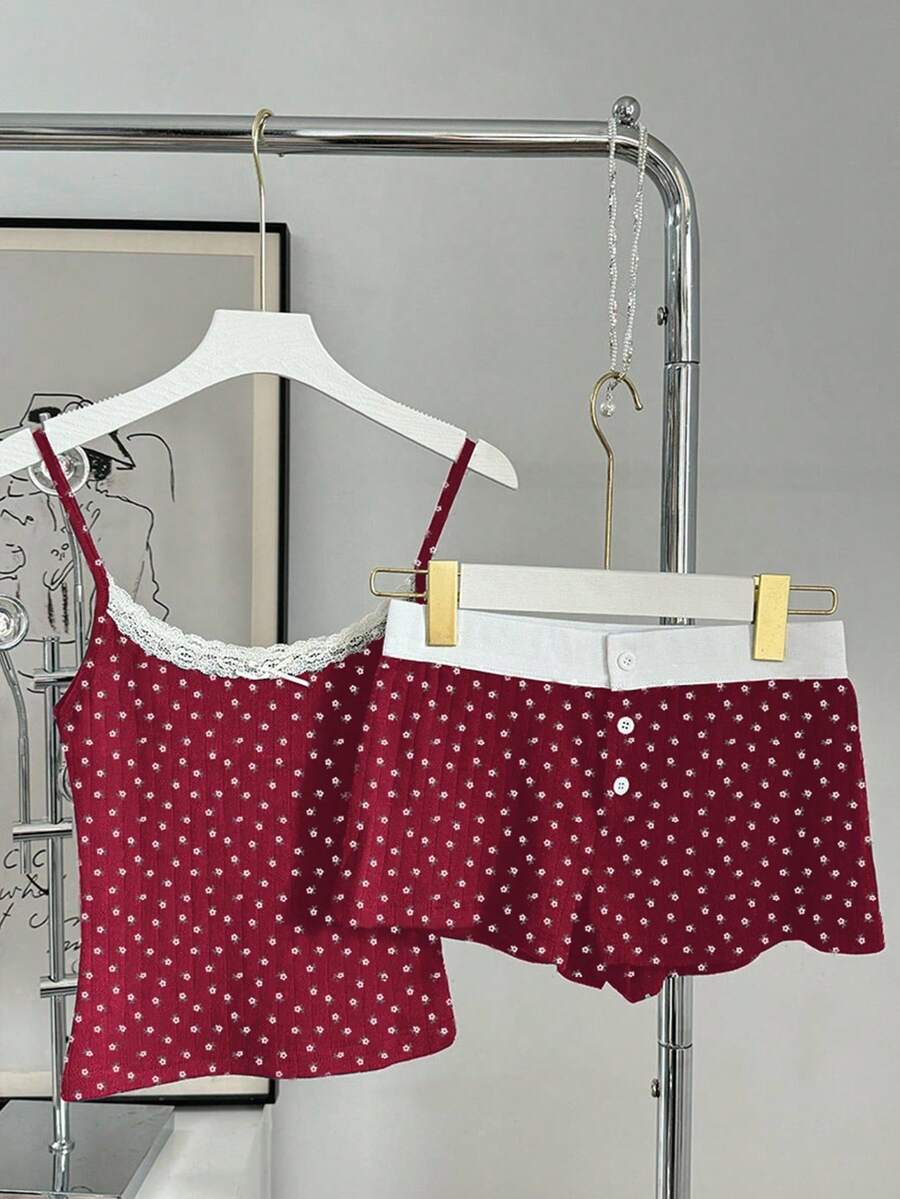INAWLY 2pcs Women Polka Dot Lace Trim Camisole Top And Mini Shorts Set - Red - View 1