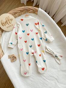 新生女婴可爱休闲针织心形图案长袖连体衣和头带套装 - 白色 - 查看 2