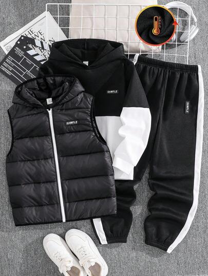 SHEIN Conjunto de 3 peças de moletom com capuz, calça com cordão, jaqueta acolchoada, casual para o dia a dia, confortável, para crianças/meninos pré-adolescentes