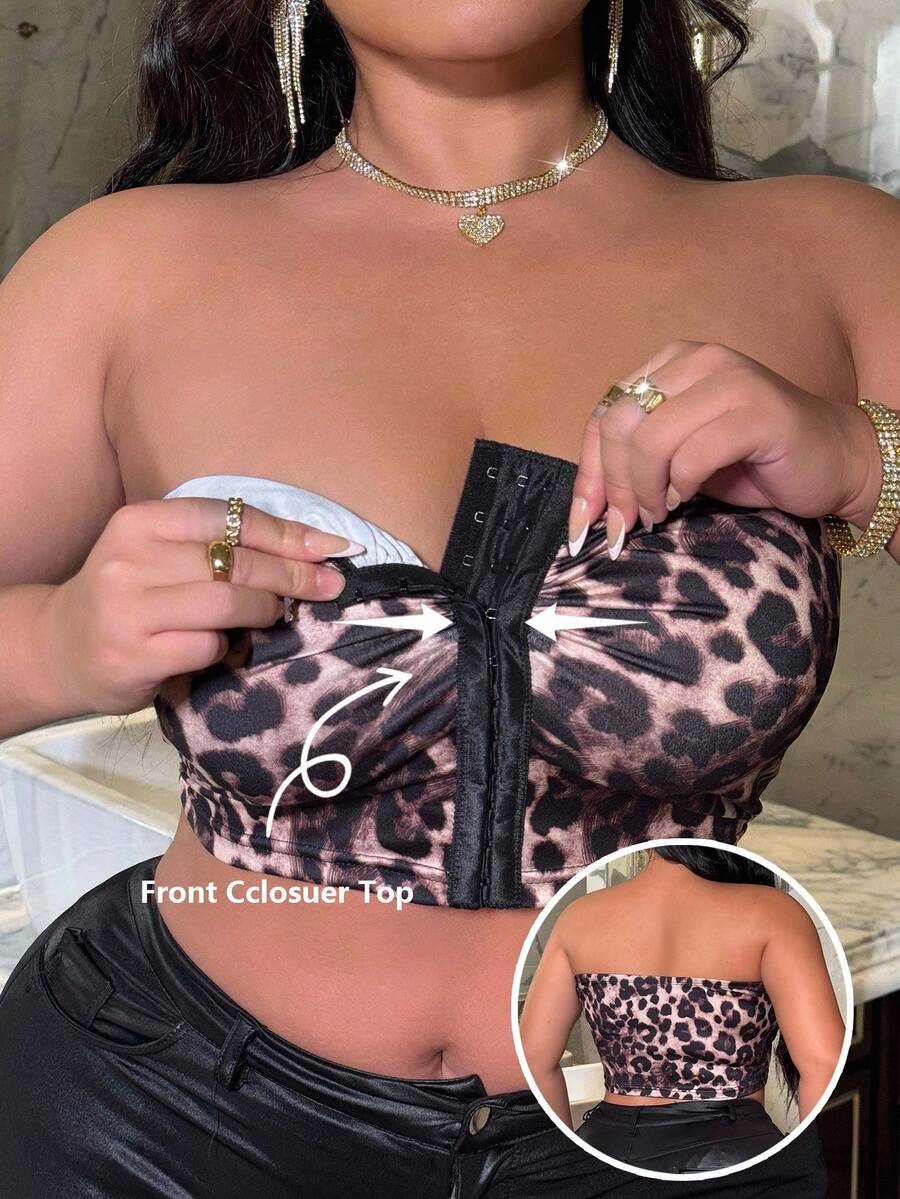 SHEIN LUNE Sexy Everyday Pleated Front Button Leopard Print Plus Size Tube Top - Brown - View 1
