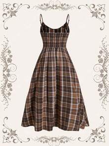 SHEIN MOD Plus Size Brown Brushed Plaid Spaghetti Strap Dress For Summer - Brown - View 2