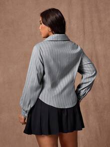 Rustia Plus Size Women's Casual Striped Slim Fit Long Sleeve Shirt - Grey - View 2