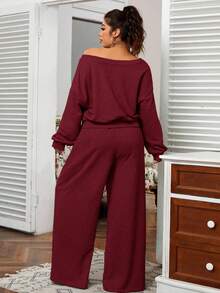 SHEIN EZwear 加大码纯色不对称领运动衫和运动裤两件套 - 酒紅色 - 查看 2