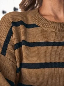 休闲圆领黑白条纹套头衫，学院风 - 棕色 - 查看 4