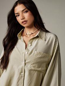 MISSGUIDED Áo sơ mi cài nút tay chuông cỡ lớn, cổ bẻ kẻ sọc cổ điển, dáng rộng, phù hợp cho văn phòng công sở, chuyên nghiệp, tay dài, thu đông - màu nâu - Xem 5