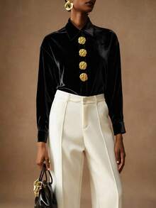 Vesra 优雅天鹅绒金色纽扣女式衬衫