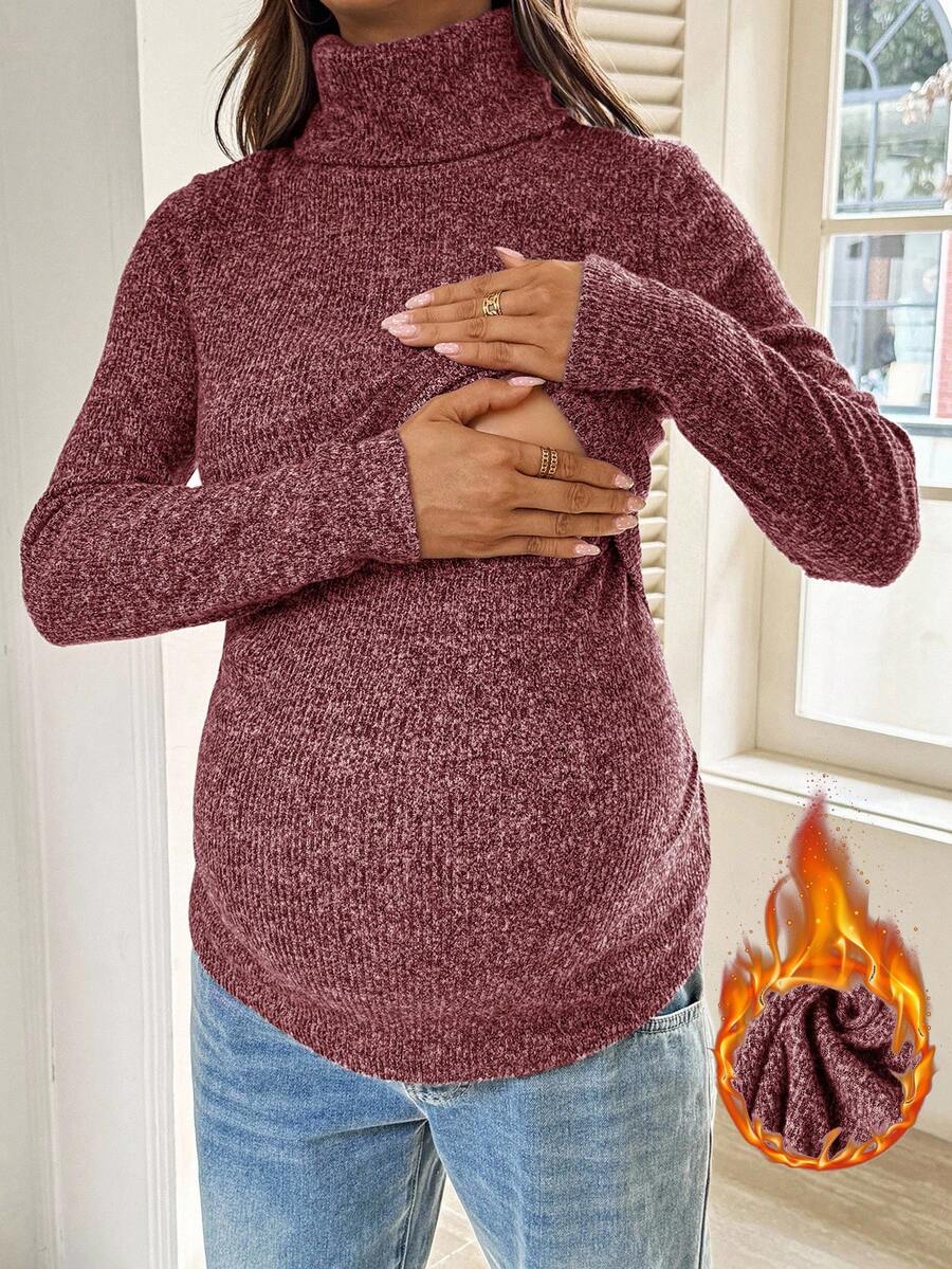 SHEIN Top d'allaitement décontracté à col roulé, manches longues, couleur unie, automne