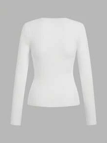 SHEIN EZwear 3 件套女士休闲圆领修身长袖 T 恤套装，适合秋冬季 - 白色 - 查看 4