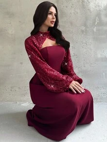 Firerie Women's Burgundy Stand Collar Long Sleeve Sequin Patchwork Knitted A-Line Maxi Dress, Sexy & Elegant For Banquet, Party, Burgundy A-Line Dress, Holiday Dress, Romantic Vintage Maxi Dress, Suitable For Spring, Autumn, Winter, Elegant, Commute, Date, Party, Wedding, Graduation, Performance, Concert, Work, Annual Meeting, Women's Birthday Dress,New Year Clothes - Burgundy - View 6