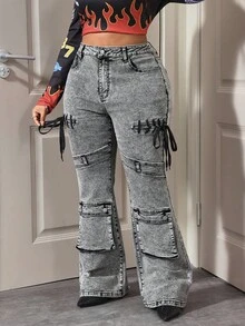 Slaydiva Plus Lace Up Front Flare Leg Jeans - Blue - View 3