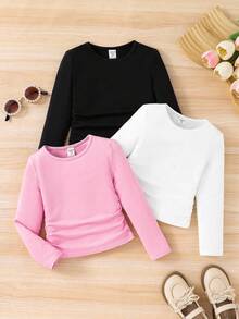 SHEIN 青春期少女休闲基础款纯色针织弹力长袖汗衫，多件套，适合秋冬季休闲日常穿着和日常上学，必备百搭，母女搭配，女孩心形衬衫。女孩长袖衬衫，圣诞节必备。 - 彩色 - 查看 1