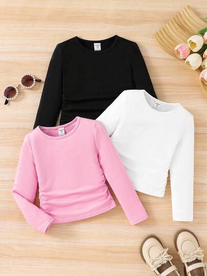 SHEIN 青春期少女休闲基础款纯色针织弹力长袖汗衫，多件套，适合秋冬季休闲日常穿着和日常上学，必备百搭，母女搭配，女孩心形衬衫。女孩长袖衬衫，圣诞节必备。