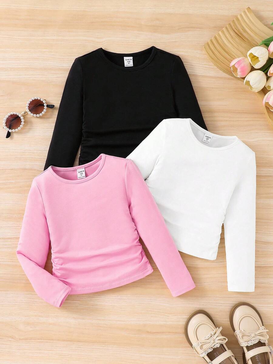 SHEIN 青春期少女休闲基础款纯色针织弹力长袖汗衫，多件套，适合秋冬季休闲日常穿着和日常上学，必备百搭，母女搭配，女孩心形衬衫。女孩长袖衬衫，圣诞节必备。 - 彩色 - 查看 1