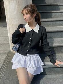 FRIFUL 女式黑白撞色领扭纹针织修身开衫，百搭秋季针织衫 - 黑色 - 查看 6