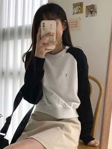 DAZY Áo nỉ cổ tròn tay raglan màu tương phản thường ngày dành cho nữ, quần áo mùa thu - Màu xanh hải quân - Xem 3