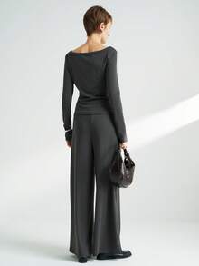 INAWLY 2pcs/Set Elegant Fashion Elegant Long Sleeve Top And Wide Leg Pants Suit - Grey - View 2