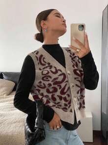 Siren Gaze 女式前扣无袖V领休闲豹纹针织毛衣背心秋冬款 - 彩色 - 查看 4