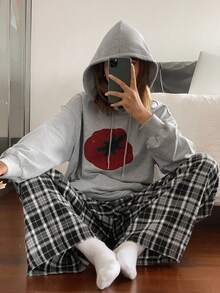 DAZY Women's Tomato Graphic Print Hoodie & Plaid Pants Pajama Set, Autumn/Winter, Fall Clothes - Grey - View 3