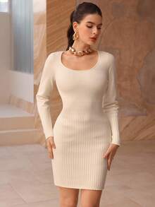 Modelyn Women's Elegant Fitted Sweater Dress - Apricot - View 6