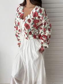 SHEIN Unity Áo len cardigan tay dài họa tiết hoa hồng, cổ chữ V, dễ thương, cổ điển, thích hợp cho kỳ nghỉ - Nhiều màu - Xem 3