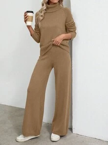 SHEIN LUNE 2pcs Women Casual Solid Color Turtleneck Raglan Sleeve Sweater And Knit Pants Set, Autumn/Winter - Camel - View 7