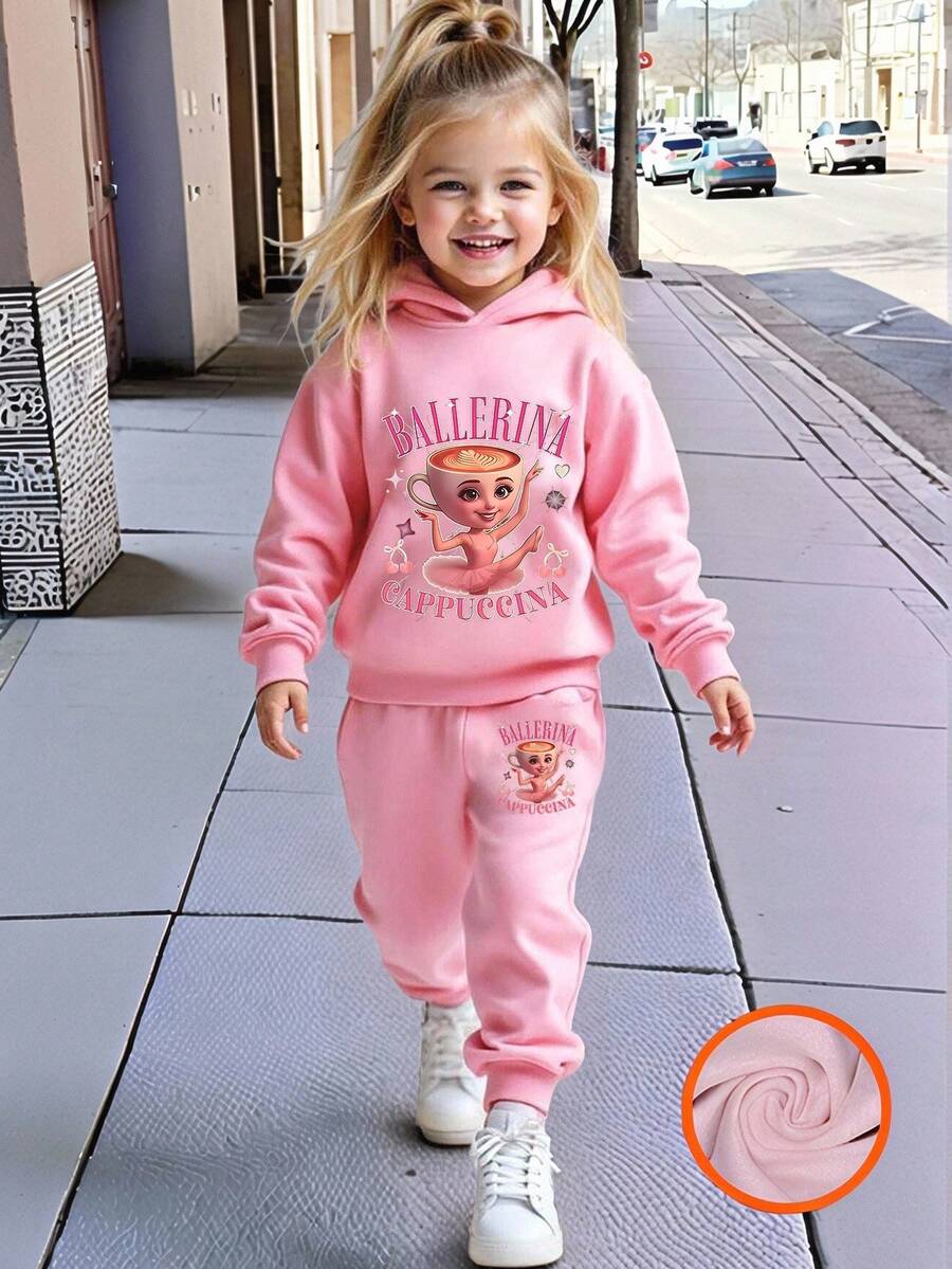 Sparklyn Young Girls Casual Fashionable Cute Cappuccino Ballerina Dancer Letter Print Long Sleeve Hoodie And Sweatpants Set, Autumn/Winter Outfit - Pink - View 1