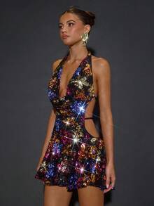 SHEIN BAE Women's Fashionable Sexy Sequin Backless Halter Mini Dress,Autumn Women's Clothing, Winter Women's Clothing, Christmas, Halloween, Thanksgiving, Sequin Party Dress, Disco Dress,Sequin,Sequin Dress ,Luxury Evening Dress For Women,Elegant Dress ,Cocktail Dresses, Colorful Sequined Dresses,Dresses For Women Party,Party Dresses For Women