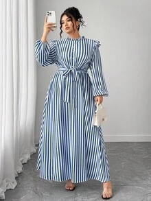 Elenzga Plus Size Women Frill Collar Striped Button Design Long Sleeve Casual Dress - Blue - View 1