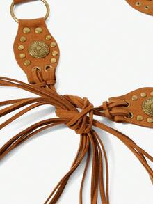 SHEIN BAE 波西米亚铆钉流苏打结腰带 - 駝色 - 查看 3