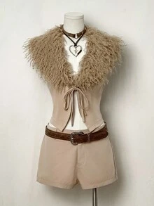 SHEIN Unity Women's Fashionable Vintage Fuzzy Patchwork Top And Shorts 2 Pieces Set - Khaki - View 1