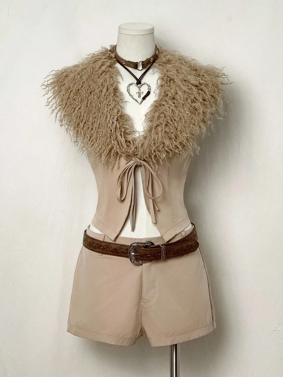 SHEIN Unity Women's Fashionable Vintage Fuzzy Patchwork Top And Shorts 2 Pieces Set - Khaki - View 1