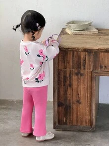 SHEIN Bebeluși/fetițe, 0-3 ani, primăvară/vară, casual, drăguț cu imprimeu de fructe și pere, guler rotund, mânecă lungă, hanorac + colanți cu nervuri, set