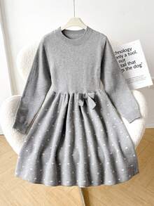 SHEIN Tween Girl Grey Jacquard Polka Dot Bow Decor Casual Crew Neck Long Sleeve Waist Cinched Knit Dress, Elegant Style Autumn Winter Clothes For Women - Grey - View 5