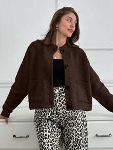 Damen weiche, warme und gemütliche Rundhalskardigan mit Knopfverschluss, 2 Taschen, Drop-Shoulder, ideal für kühle Tage
